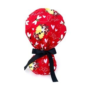 Red Ponytail Surgical Hat Scrub Cap Honey Love Bee